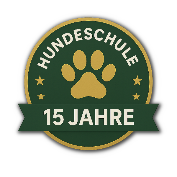 Trust-Siegel der Hundeschule mit Pfotenabdruck und Schriftzug „15 Jahre Hundeschule“